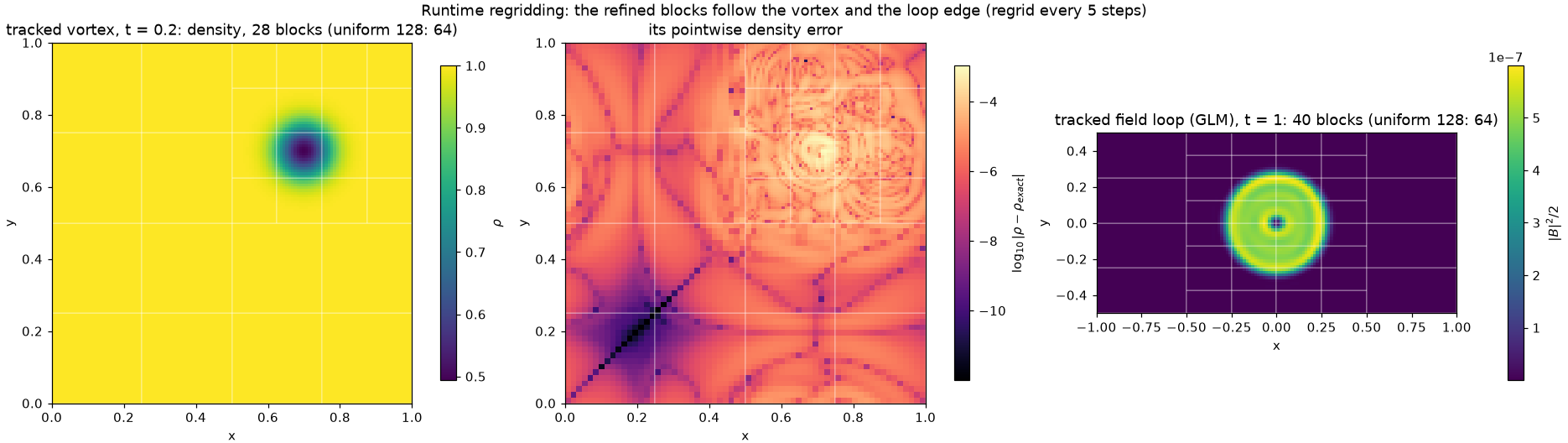 Runtime regridding: tracked vortex and field loop with their blocks